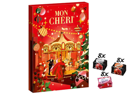 Mon Chéri Calendario de Adviento con 3 variedades de bombones de chocolate y cereza (252g). Una selección de licor, vodka y licor de naranja para una Navidad adulta. Mon Cheri - pack
