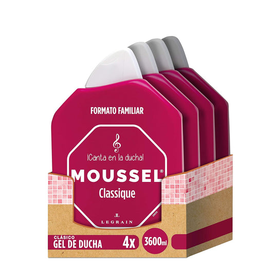Moussel Gel de Ducha Clásico, Pack Ahorro Familiar de 4x900ml (3,6L). Abastécete del gel de baño de toda la vida con su aroma inconfundible y su espuma cremosa. Moussel - frontal