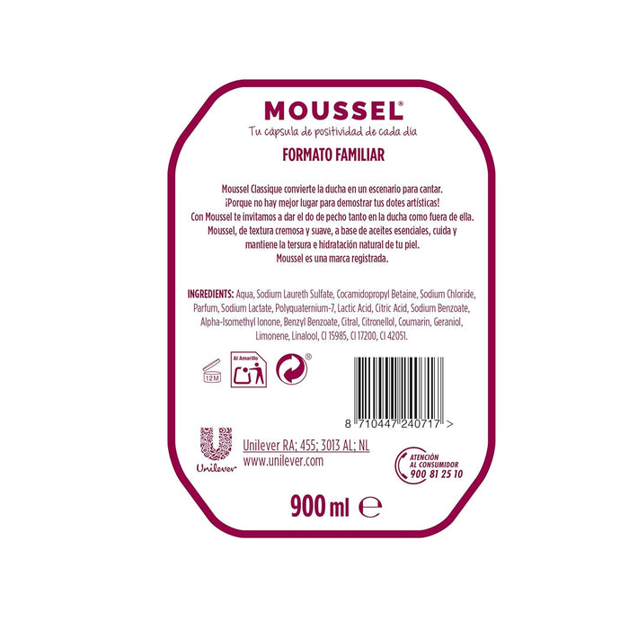 Moussel Gel de Ducha Clásico, Pack Ahorro Familiar de 4x900ml (3,6L). Abastécete del gel de baño de toda la vida con su aroma inconfundible y su espuma cremosa. Moussel - lateral