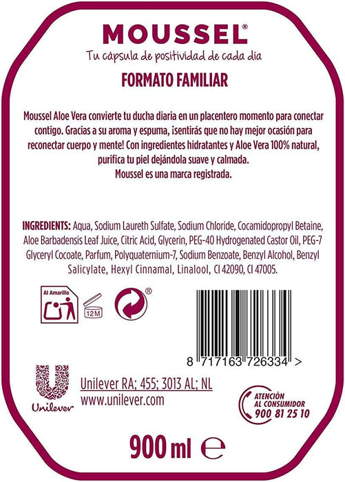 Moussel Gel de Ducha con Aloe Vera, Formato Familiar 900ml. Descubre el poder purificante del aloe vera 100% natural en un gel de textura cremosa que deja tu piel suave y visiblemente sana. Moussel - detalle