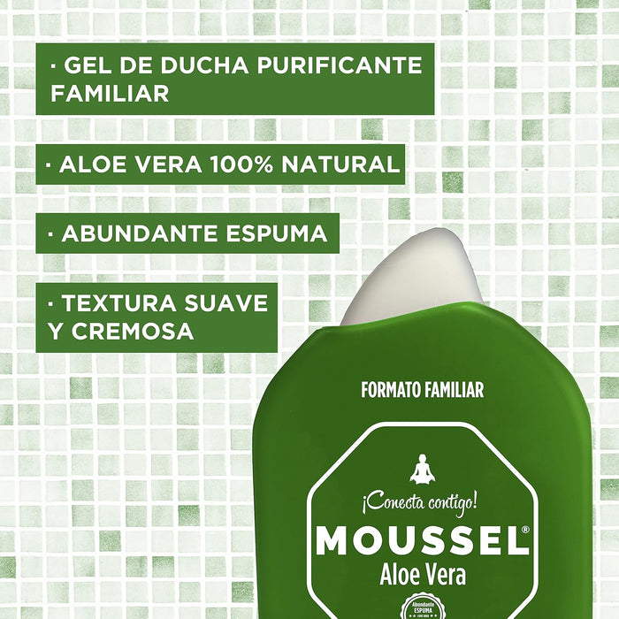 Moussel Gel de Ducha Purificante con Aloe Vera, Pack de 4x900ml. El formato familiar para un cuidado diario que purifica, hidrata y calma la piel gracias al poder del aloe vera 100% natural. Moussel - lateral