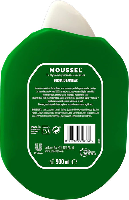 Moussel Gel de Ducha Purificante con Aloe Vera, Pack de 4x900ml. El formato familiar para un cuidado diario que purifica, hidrata y calma la piel gracias al poder del aloe vera 100% natural. Moussel - detalle