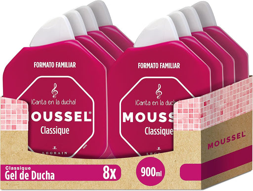 Pack Ahorro Familiar de 8 botes de Gel de Ducha Moussel Classique Original (8x900ml). Disfruta del aroma inconfundible y la espuma cremosa del gel de baño más icónico. Moussel - frontal