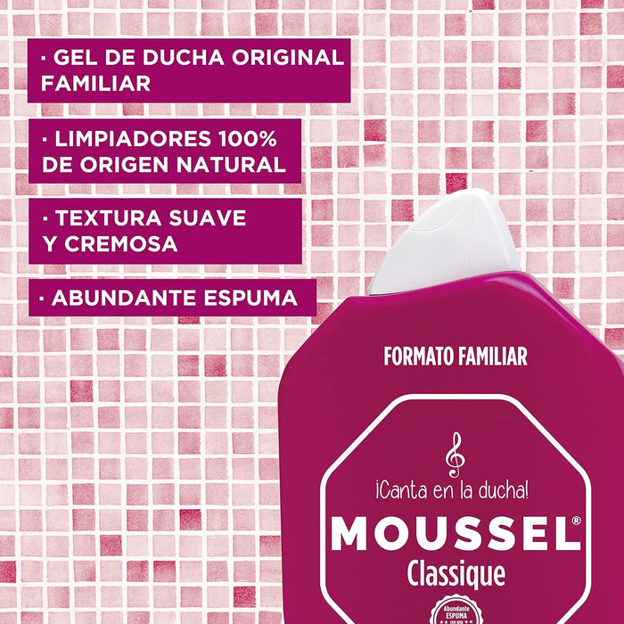Pack Ahorro Familiar de 8 botes de Gel de Ducha Moussel Classique Original (8x900ml). Disfruta del aroma inconfundible y la espuma cremosa del gel de baño más icónico. Moussel - lateral