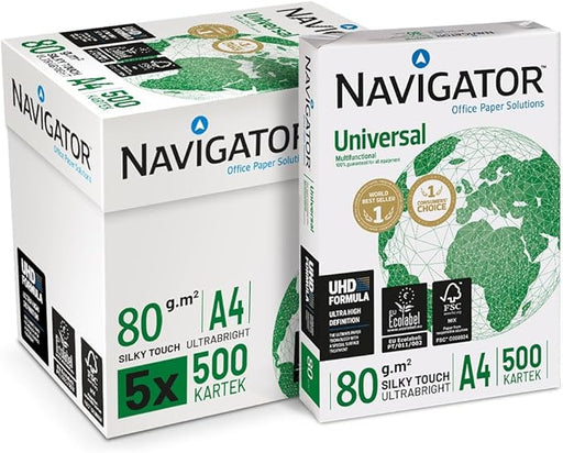 Caja de 2500 Hojas de Papel Multiusos para Impresora Navigator Universal A4 80gr. El papel 99,99% libre de atascos, ideal para oficinas y un alto volumen de impresión. Navigator - frontal