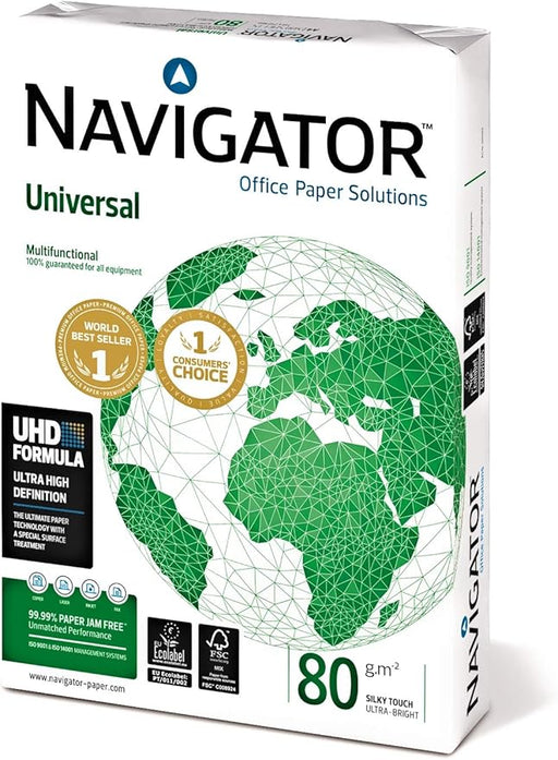 Paquete de 500 Hojas de Papel Multiusos para Impresora Navigator Universal A4 80gr. El papel de alta calidad 99,99% libre de atascos, ideal para el hogar y la oficina. Navigator - frontal