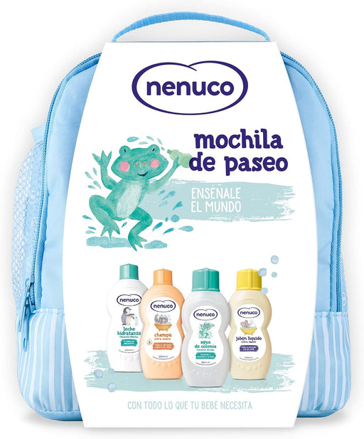 Mochila Nenuco Osito Azul Lote de 4 productos para Bebé. Un set de regalo con Colonia, Champú, Jabón Líquido y Leche Hidratante, ideal para el cuidado completo del recién nacido. Nenuco - frontal