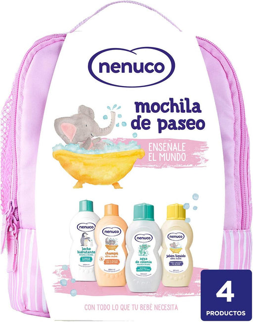 Mochila Nenuco Rosa con Lote de 4 Productos para Bebé. Un set de regalo para recién nacido con Colonia, Champú, Jabón y Leche Hidratante, todo con el aroma original. Nenuco - frontal