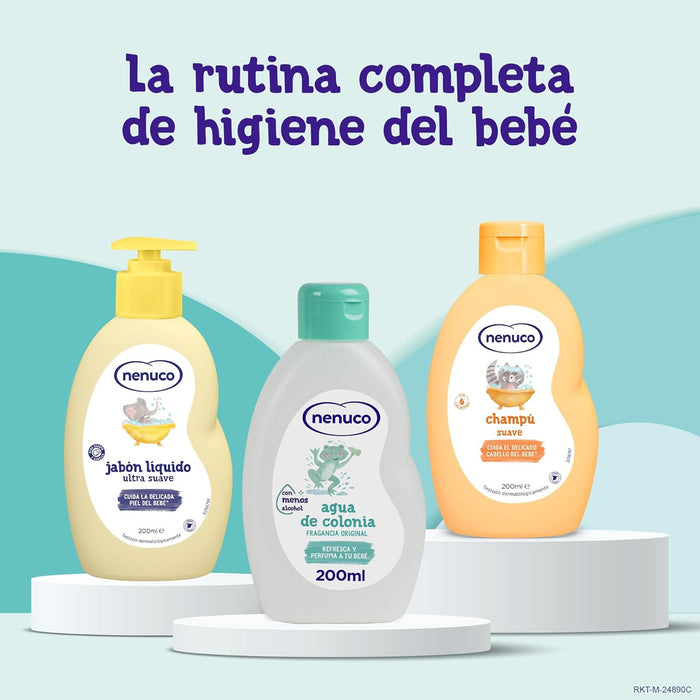 Pack Regalo Bebé Nenuco Mochila de Paseo Elefante. Un set de higiene completo que incluye Colonia, Jabón Líquido y Champú Extra Suave (3x200ml) en una adorable mochila. Nenuco - detalle