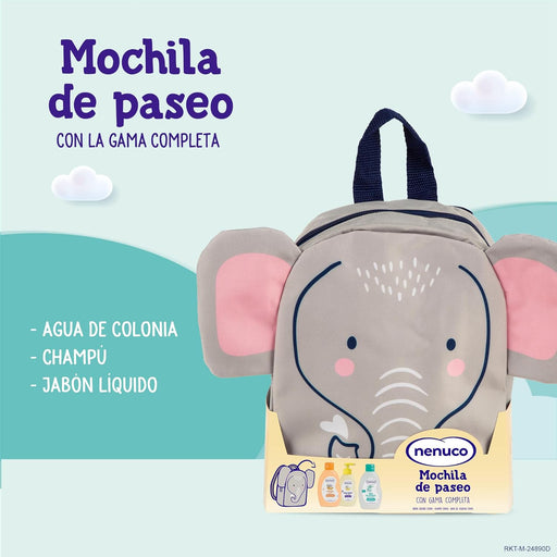 Pack Regalo Bebé Nenuco Mochila de Paseo Elefante. Un set de higiene completo que incluye Colonia, Jabón Líquido y Champú Extra Suave (3x200ml) en una adorable mochila. Nenuco - pack