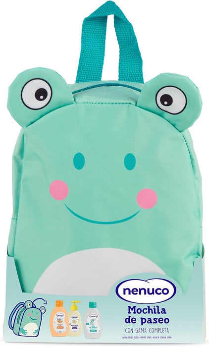 Pack Regalo Bebé Nenuco Mochila de Paseo Rana. Un set de higiene con Colonia, Jabón Líquido y Champú (3x200ml), presentado en una divertida mochila personalizable. Nenuco - frontal
