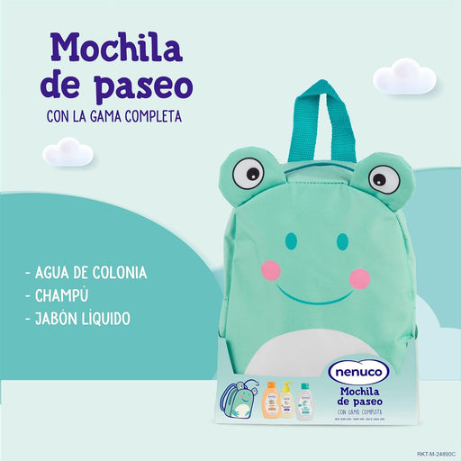 Pack Regalo Bebé Nenuco Mochila de Paseo Rana. Un set de higiene con Colonia, Jabón Líquido y Champú (3x200ml), presentado en una divertida mochila personalizable. Nenuco - pack