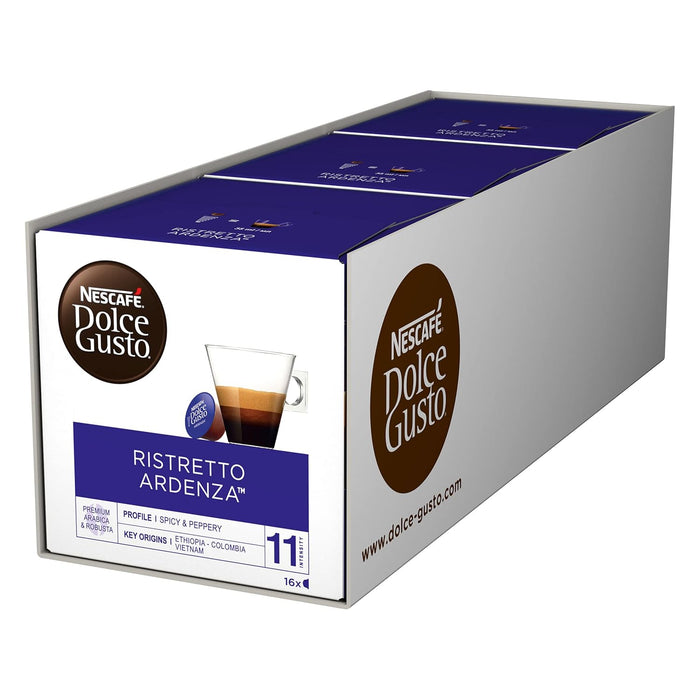 Nescafé Dolce Gusto Ristretto Ardenza, pack de 48 cápsulas de café. Disfruta de un espresso corto, intenso y ardiente con notas tostadas y cuerpo potente, compatible con cafeteras Dolce Gusto. Nescafé Dolce Gusto - frontal