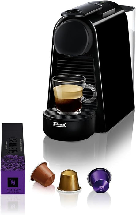 Cafetera Nespresso De'Longhi Essenza Mini EN85.B de cápsulas, con 19 bares de presión, diseño compacto, apagado automático y pack de bienvenida con 14 cápsulas y 20€ de crédito. Nespresso - frontal