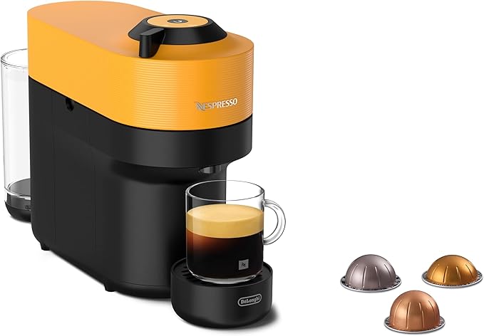 Cafetera Nespresso De'Longhi Vertuo Pop en Amarillo Mango. Una máquina de café automática y compacta con tecnología Centrifusion, 4 tamaños de taza y conectividad inteligente. Nespresso - frontal