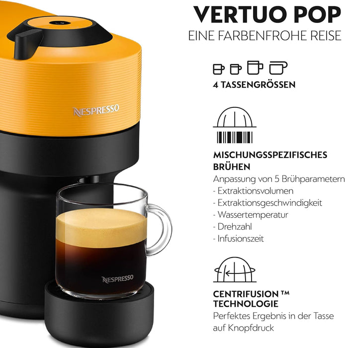 Cafetera Nespresso De'Longhi Vertuo Pop en Amarillo Mango. Una máquina de café automática y compacta con tecnología Centrifusion, 4 tamaños de taza y conectividad inteligente. Nespresso - pack