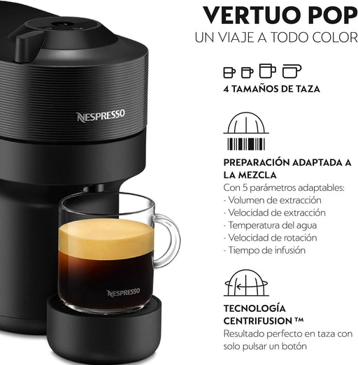 Cafetera Nespresso De'Longhi Vertuo Pop en Negro Regaliz. Una máquina de café automática con tecnología Centrifusion, 4 tamaños de taza y conectividad inteligente. Nespresso - pack