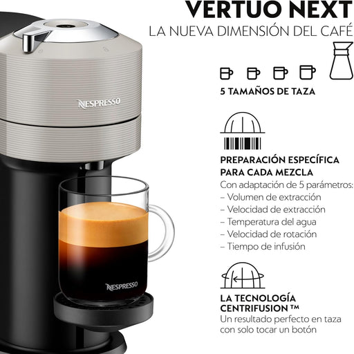 Cafetera Nespresso Vertuo Next de Krups en color Gris. Una máquina de café de cápsulas con tecnología Centrifusion, 5 tamaños de taza y conectividad Wi-Fi y Bluetooth. Nespresso - pack