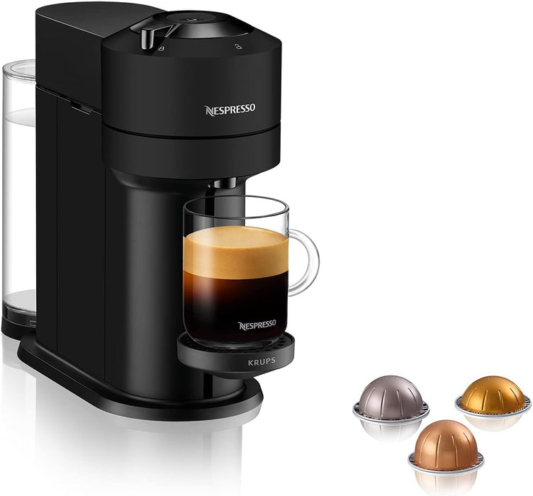 Cafetera Nespresso Vertuo Next de Krups en Negro Mate. Una máquina de café de cápsulas con un diseño elegante, tecnología Centrifusion, 5 tamaños de taza y conectividad inteligente. Nespresso - detalle