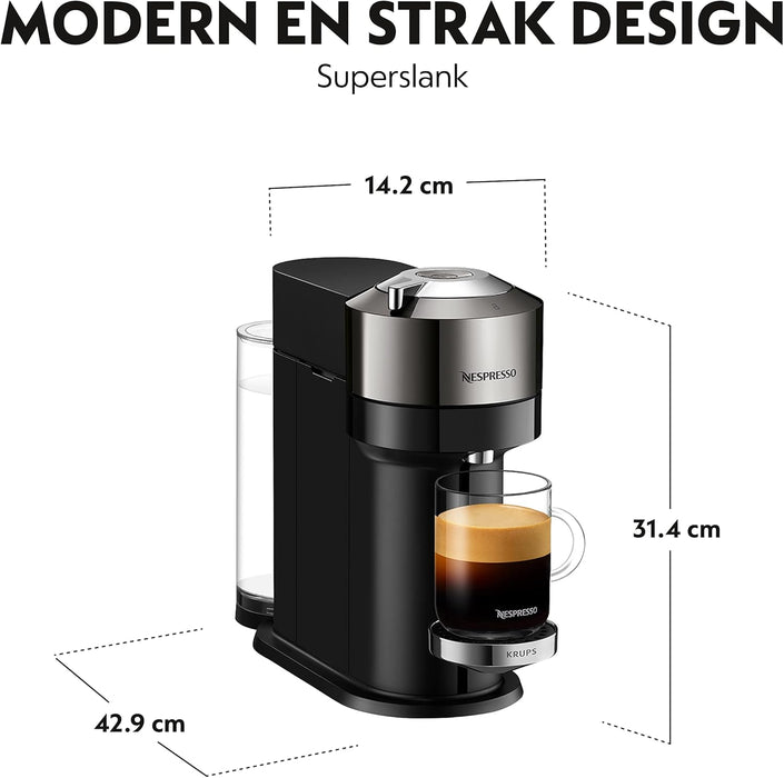 Cafetera Nespresso Vertuo Next de Krups. Una máquina de café de cápsulas con un diseño premium, tecnología Centrifusion y versatilidad para preparar 5 tamaños de taza. Nespresso - detalle