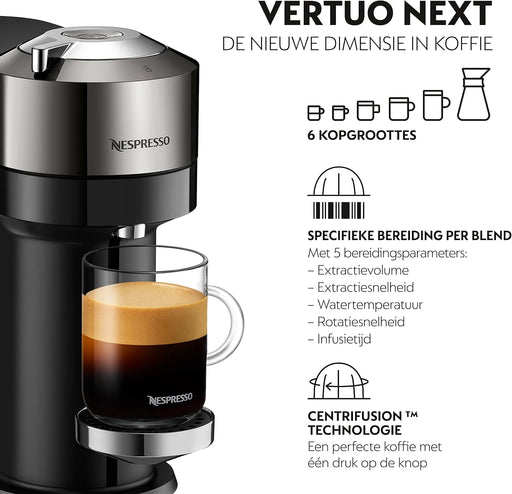 Cafetera Nespresso Vertuo Next de Krups. Una máquina de café de cápsulas con un diseño premium, tecnología Centrifusion y versatilidad para preparar 5 tamaños de taza. Nespresso - pack