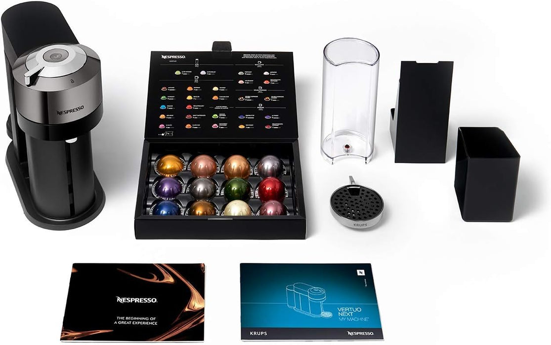 Cafetera Nespresso Vertuo Next de Krups. Una máquina de café de cápsulas con un diseño premium, tecnología Centrifusion y versatilidad para preparar 5 tamaños de taza. Nespresso - presentacion