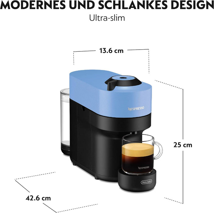 Cafetera Nespresso Vertuo Pop Automática en color Azul Pacífico. Una máquina de café de cápsulas con tecnología Centrifusion, 4 tamaños de taza y conectividad inteligente. Nespresso - pack