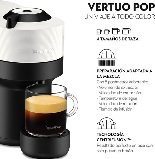 Cafetera Nespresso Vertuo Pop de Krups, Color Coconut White. Una máquina de café de cápsulas con tecnología Centrifusion para 4 tamaños de taza y fabricada con plástico reciclado. Nespresso - pack