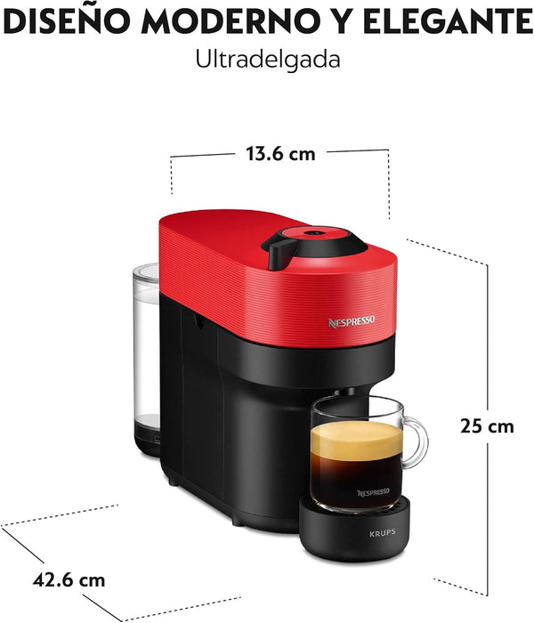 Cafetera Nespresso Vertuo Pop de Krups, color Spicy Red. Una máquina de café de cápsulas con un diseño atrevido, tecnología Centrifusion y fabricada con plástico reciclado. Nespresso - detalle