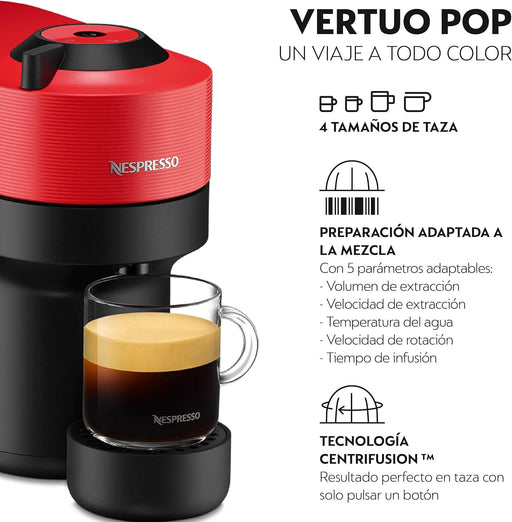 Cafetera Nespresso Vertuo Pop de Krups, color Spicy Red. Una máquina de café de cápsulas con un diseño atrevido, tecnología Centrifusion y fabricada con plástico reciclado. Nespresso - pack
