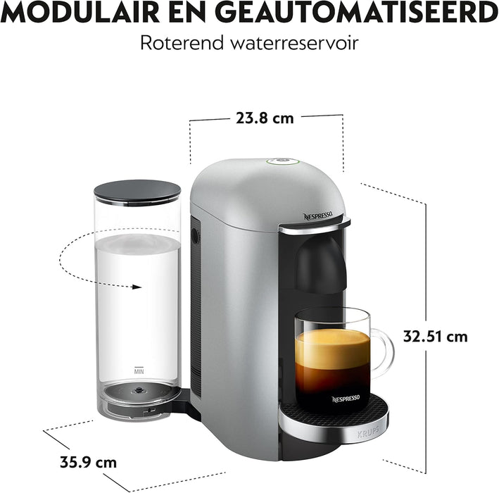 Cafetera Nespresso VertuoPlus de Krups, color Plata. Una máquina de café de cápsulas con apertura eléctrica, depósito de 1,7L y tecnología para 5 tamaños de taza. Nespresso - detalle
