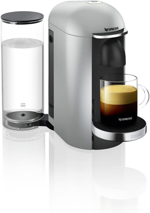 Cafetera Nespresso VertuoPlus de Krups, color Plata. Una máquina de café de cápsulas con apertura eléctrica, depósito de 1,7L y tecnología para 5 tamaños de taza. Nespresso - extra