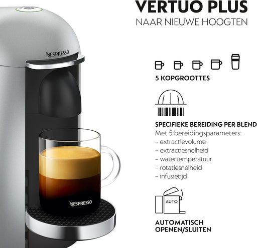 Cafetera Nespresso VertuoPlus de Krups, color Plata. Una máquina de café de cápsulas con apertura eléctrica, depósito de 1,7L y tecnología para 5 tamaños de taza. Nespresso - pack