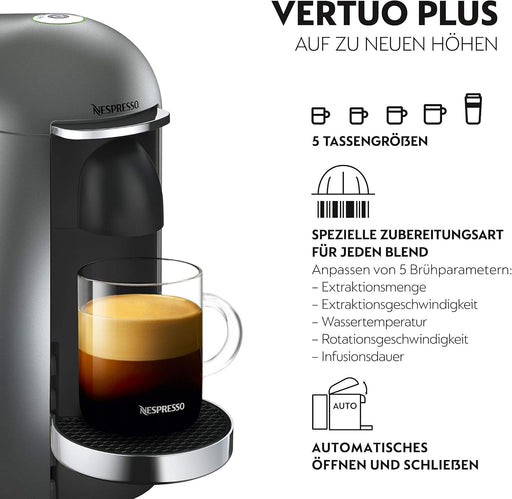 Cafetera Nespresso VertuoPlus de Krups, color Titanio. Una máquina de café de cápsulas de lujo con apertura eléctrica, depósito móvil y tecnología para 5 tamaños de taza. Nespresso - pack