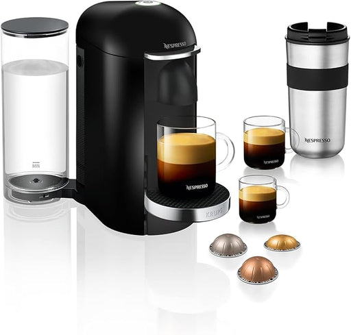 Cafetera Nespresso VertuoPlus de Krups en Negro y Acero. Una máquina de café de cápsulas con sistema One Touch, 5 tamaños de taza y depósito de 1,7L. Nespresso - frontal