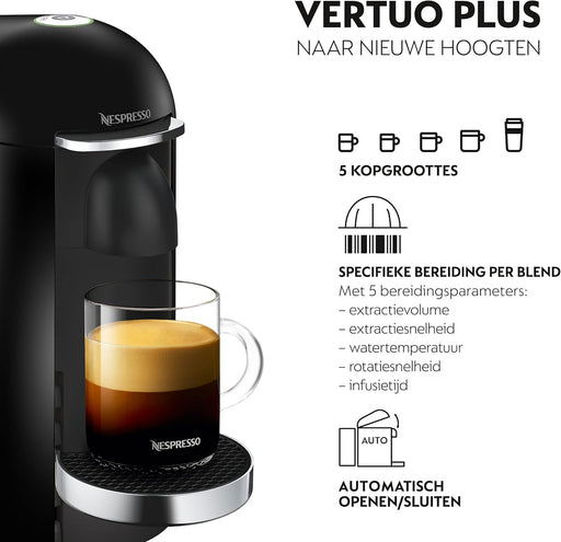 Cafetera Nespresso VertuoPlus de Krups en Negro y Acero. Una máquina de café de cápsulas con sistema One Touch, 5 tamaños de taza y depósito de 1,7L. Nespresso - pack