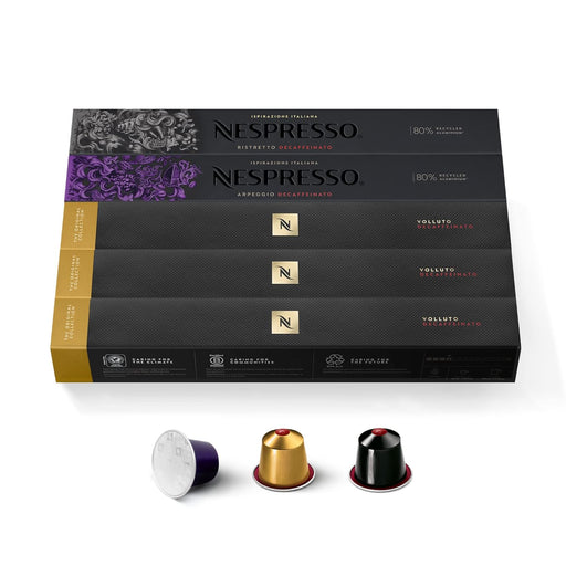 Colección Descafeinado Nespresso Original, pack de 50 cápsulas. Incluye Volluto, Ristretto y Arpeggio Decaffeinato, los clásicos de siempre, sin cafeína. Nespresso - frontal