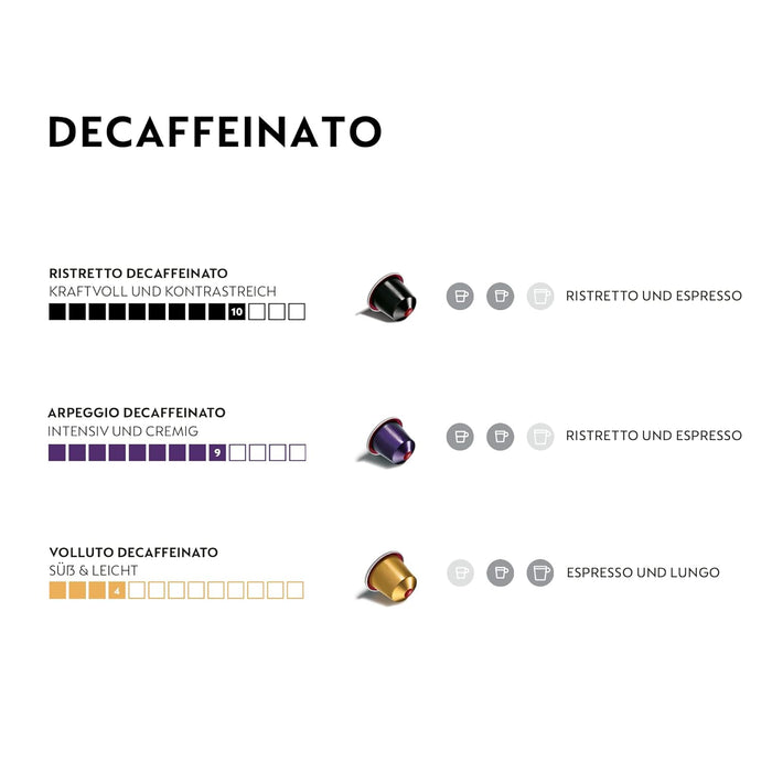 Colección Descafeinado Nespresso Original, pack de 50 cápsulas. Incluye Volluto, Ristretto y Arpeggio Decaffeinato, los clásicos de siempre, sin cafeína. Nespresso - pack