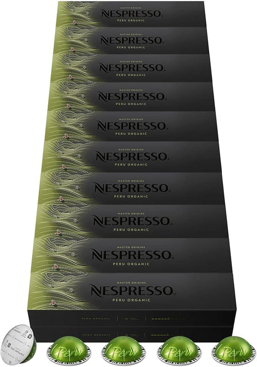 Mega Pack 200 cápsulas Nespresso Vertuo Peru Organic. Café Espresso (40ml) ecológico de intensidad 6, con un perfil elegante, afrutado y notas de cereal. Nespresso - frontal