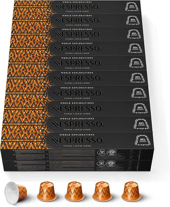 Mega Pack de 100 cápsulas de café Nespresso Shanghai Lungo. Un café largo y suave de tueste ligero con notas afrutadas a bayas rojas y cítricos. Intensidad 5. Nespresso - frontal