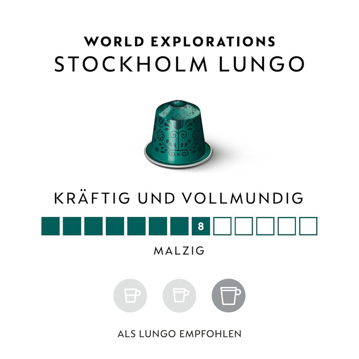 Mega Pack de 100 cápsulas de café Nespresso Stockholm Lungo. Un Lungo intenso y con cuerpo (intensidad 8) con notas malteadas y tostadas de Arábicas puros. Nespresso - detalle