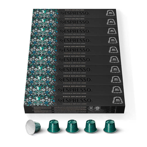 Mega Pack de 100 cápsulas de café Nespresso Stockholm Lungo. Un Lungo intenso y con cuerpo (intensidad 8) con notas malteadas y tostadas de Arábicas puros. Nespresso - frontal