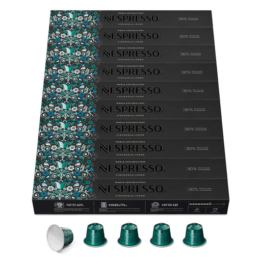 Mega Pack de 100 cápsulas de café Nespresso Stockholm Lungo. Un Lungo intenso y con cuerpo (intensidad 8) con notas malteadas y tostadas de Arábicas puros. Nespresso - pack
