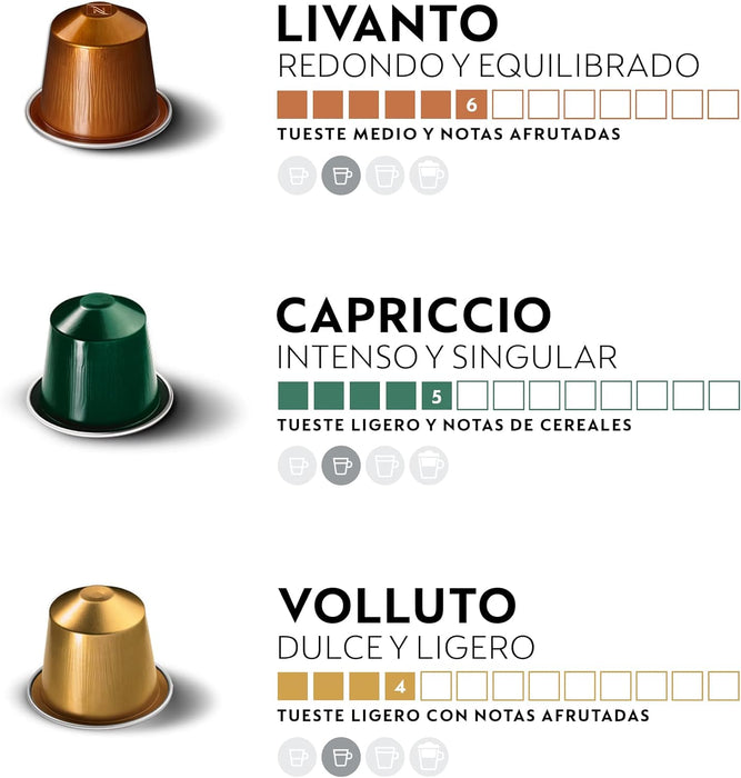 Mega Pack de 100 Cápsulas Nespresso Surtido de Bienvenida. Descubre 10 variedades icónicas para sistema Original, desde espressos y lungos hasta descafeinados. Nespresso - detalle