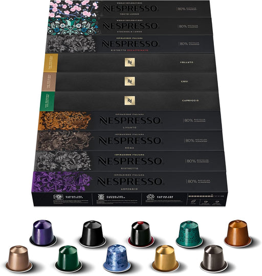Mega Pack de 100 Cápsulas Nespresso Surtido de Bienvenida. Descubre 10 variedades icónicas para sistema Original, desde espressos y lungos hasta descafeinados. Nespresso - frontal
