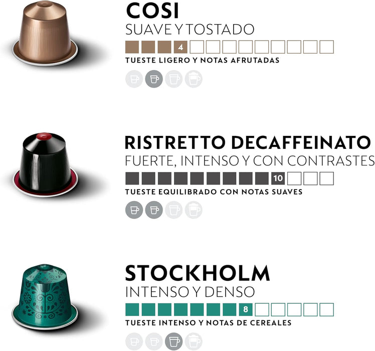 Mega Pack de 100 Cápsulas Nespresso Surtido de Bienvenida. Descubre 10 variedades icónicas para sistema Original, desde espressos y lungos hasta descafeinados. Nespresso - ingredientes