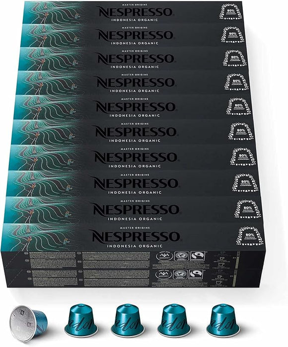 Mega Pack de 200 cápsulas Nespresso Master Origin Indonesia Orgánico. Café Arábica de tueste medio-oscuro con notas amaderadas y de tabaco curado. Intensidad 8. Nespresso - frontal