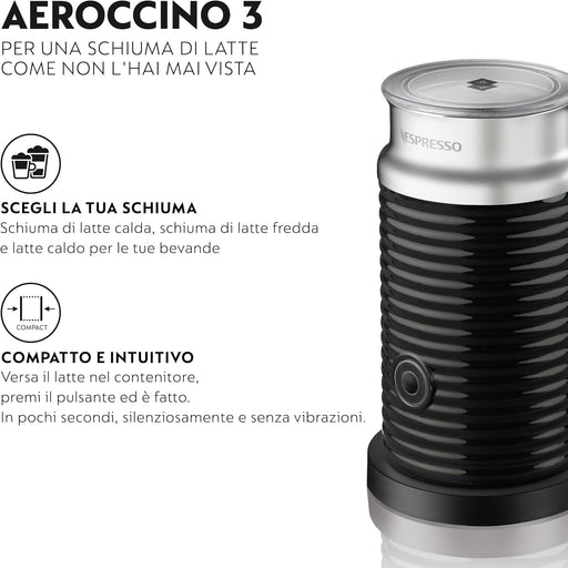 Nespresso Aeroccino 3, Espumador de Leche, Negro. Crea una espuma de leche perfecta, caliente o fría, para tus cappuccinos y lattes con solo pulsar un botón. Rápido, silencioso y fácil de limpiar. Nespresso - pack