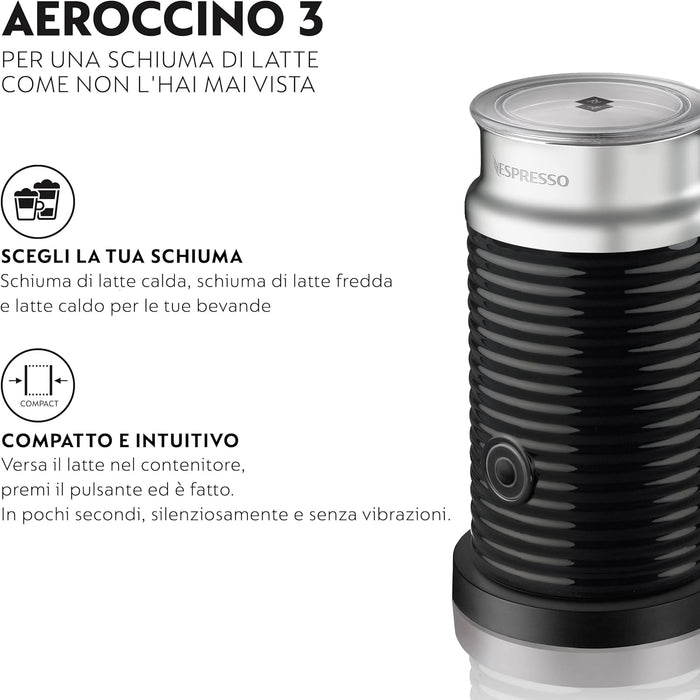 Nespresso Aeroccino 3, Espumador de Leche, Negro. Crea una espuma de leche perfecta, caliente o fría, para tus cappuccinos y lattes con solo pulsar un botón. Rápido, silencioso y fácil de limpiar. Nespresso - pack