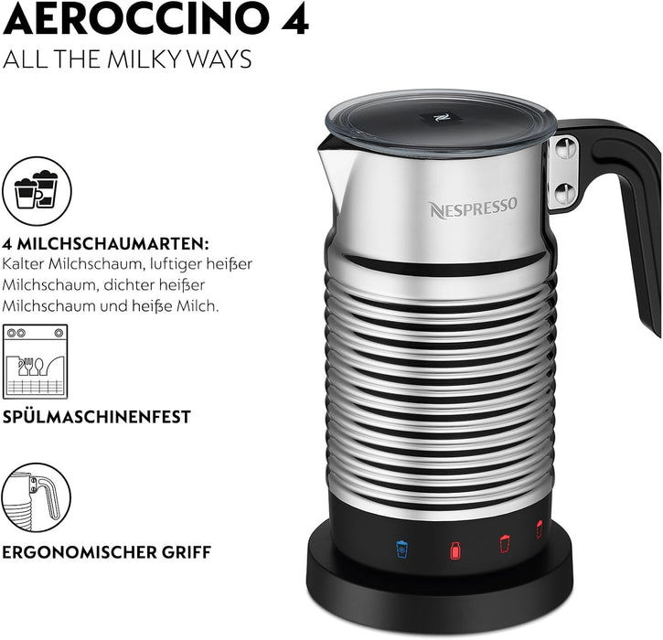 Nespresso Aeroccino 4, el espumador de leche eléctrico de última generación en color plata, con 4 funciones para espuma fría y caliente, y apto para limpieza en lavavajillas. Nespresso - detalle